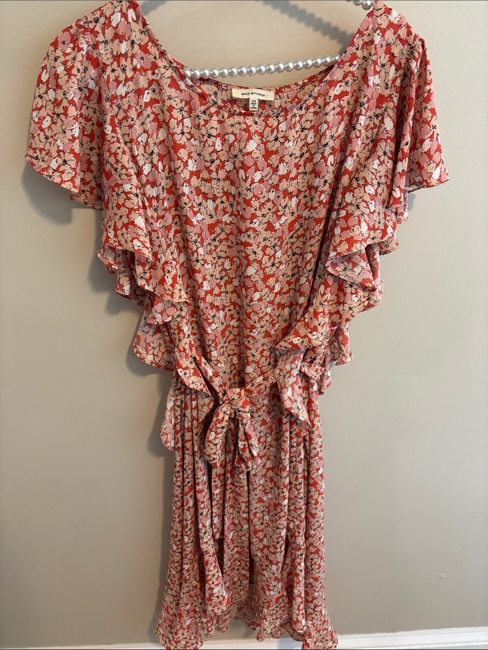Max Studio Floral Wrap Dress 2X Plus Size Pink Cream Ruffle Flutter Sleeve